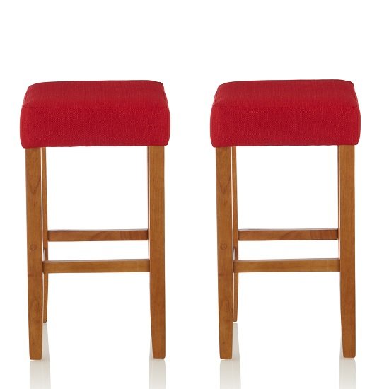 Newark Bar Stools In Red Fabric And Oak Legs In A Pair