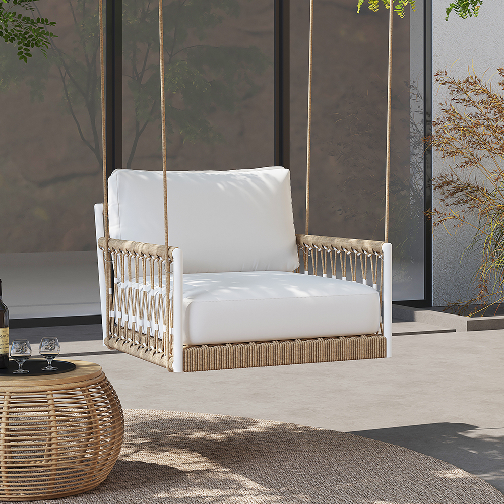 Ropipe Boho 1-Seater Khaki Woven Rope Garden Patio Swing Sofa with Grey Cushion