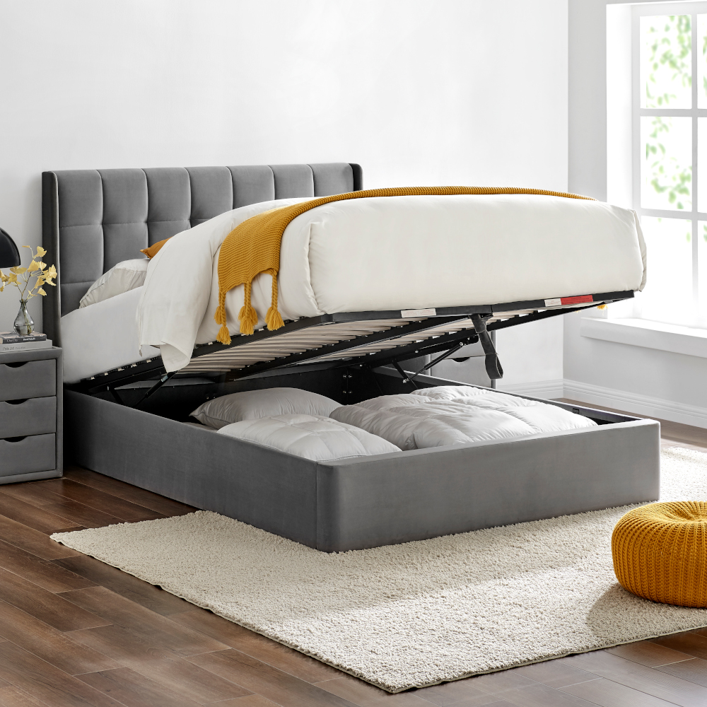 Percy Grey Velvet Ottoman Storage Bed Frame - 4ft6 Double