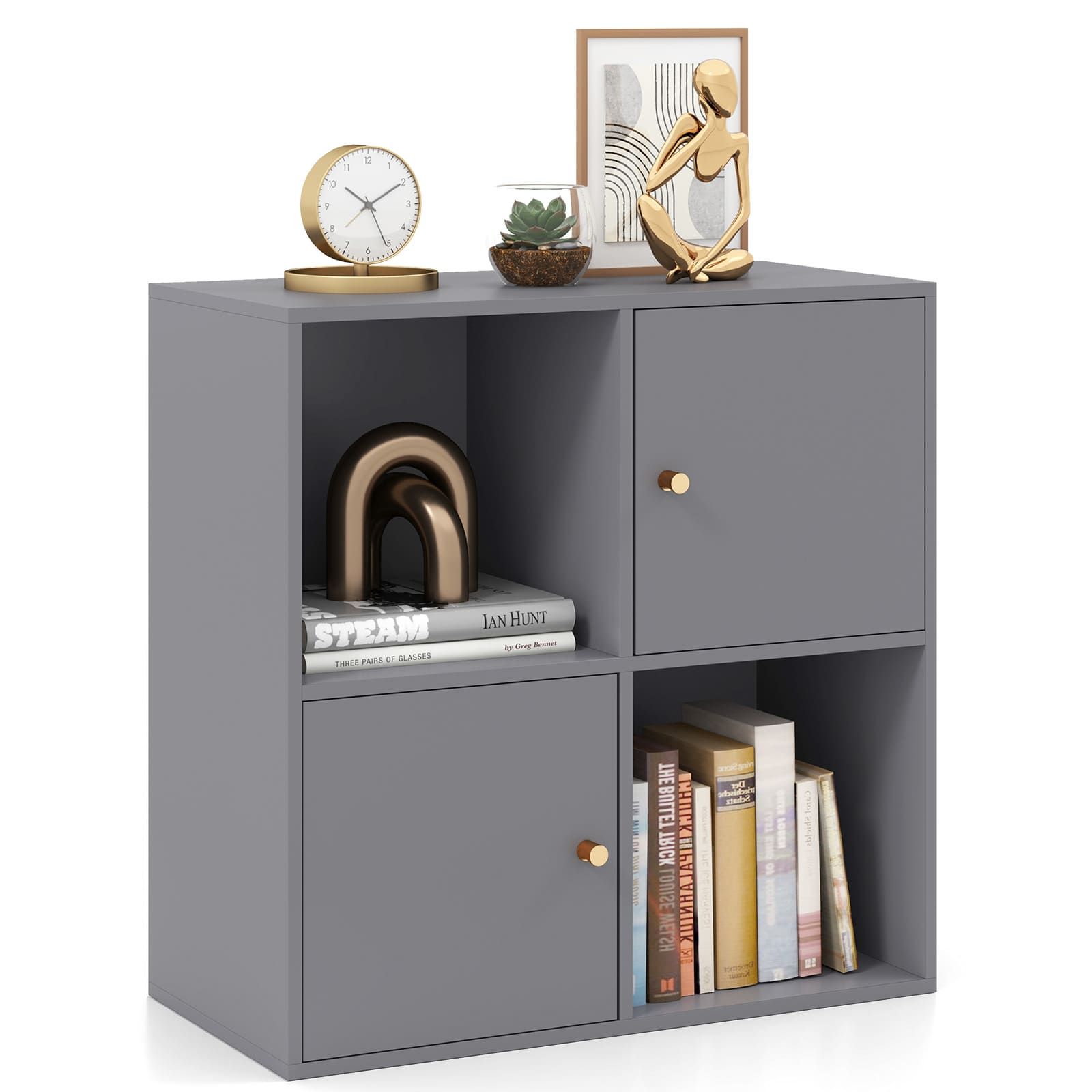 Costway 4-Cube Bookcase 3-Tier Bookshelf Storage Organizer w/2 Cabinets in Grey