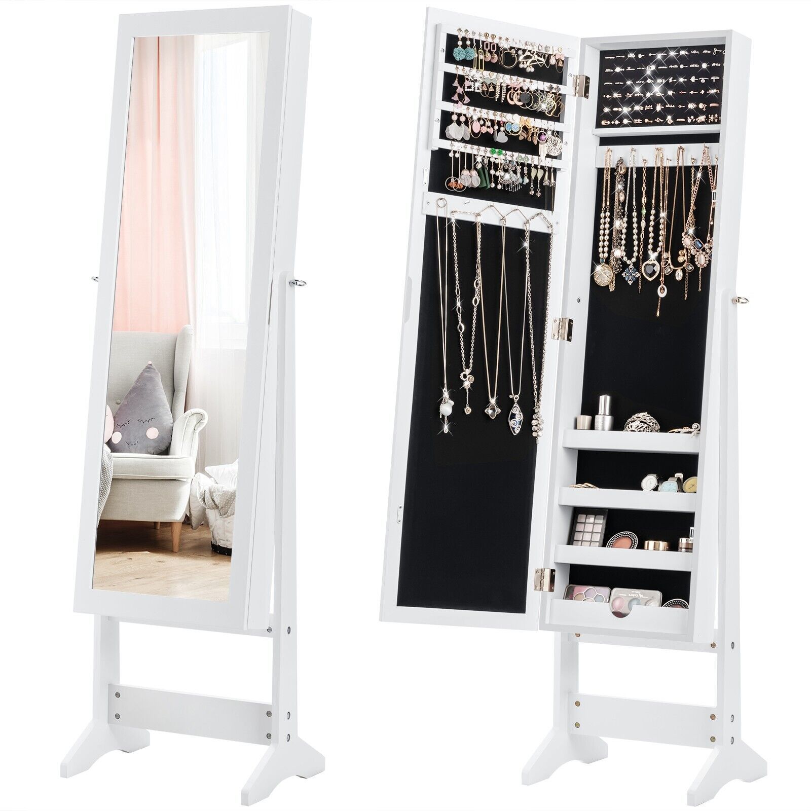 Costway Mirrored Jewelry Armoire Standing Jewelry Cabinet w/ Full-Length Mirror in White