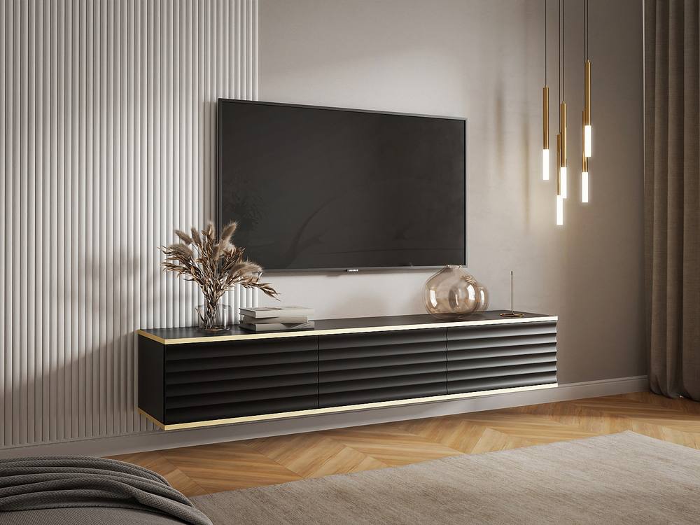 Vente-unique Wall - Mounted TV Unit With 3 MDF Doors - Black & Gold - ALESAR By