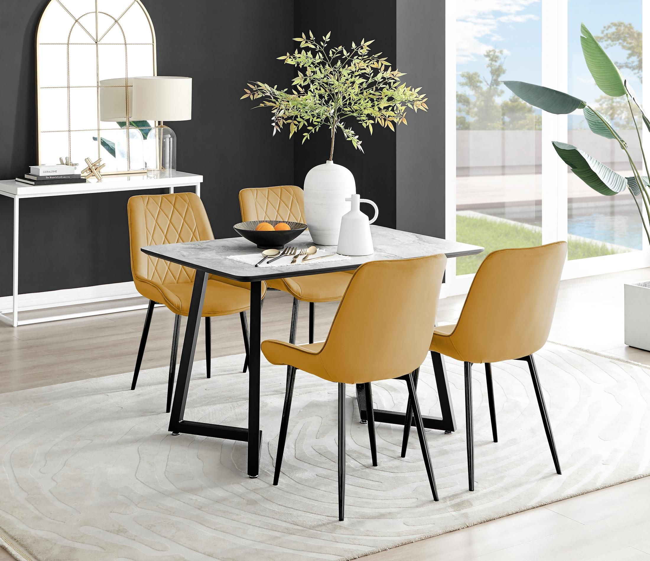 FurnitureboxUK Carson White Marble Effect Dining Table & 4 Pesaro Black Leg Chairs in Mustard