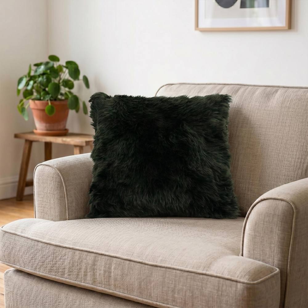 Native Natural Sheepskin Cushion in Dark Green