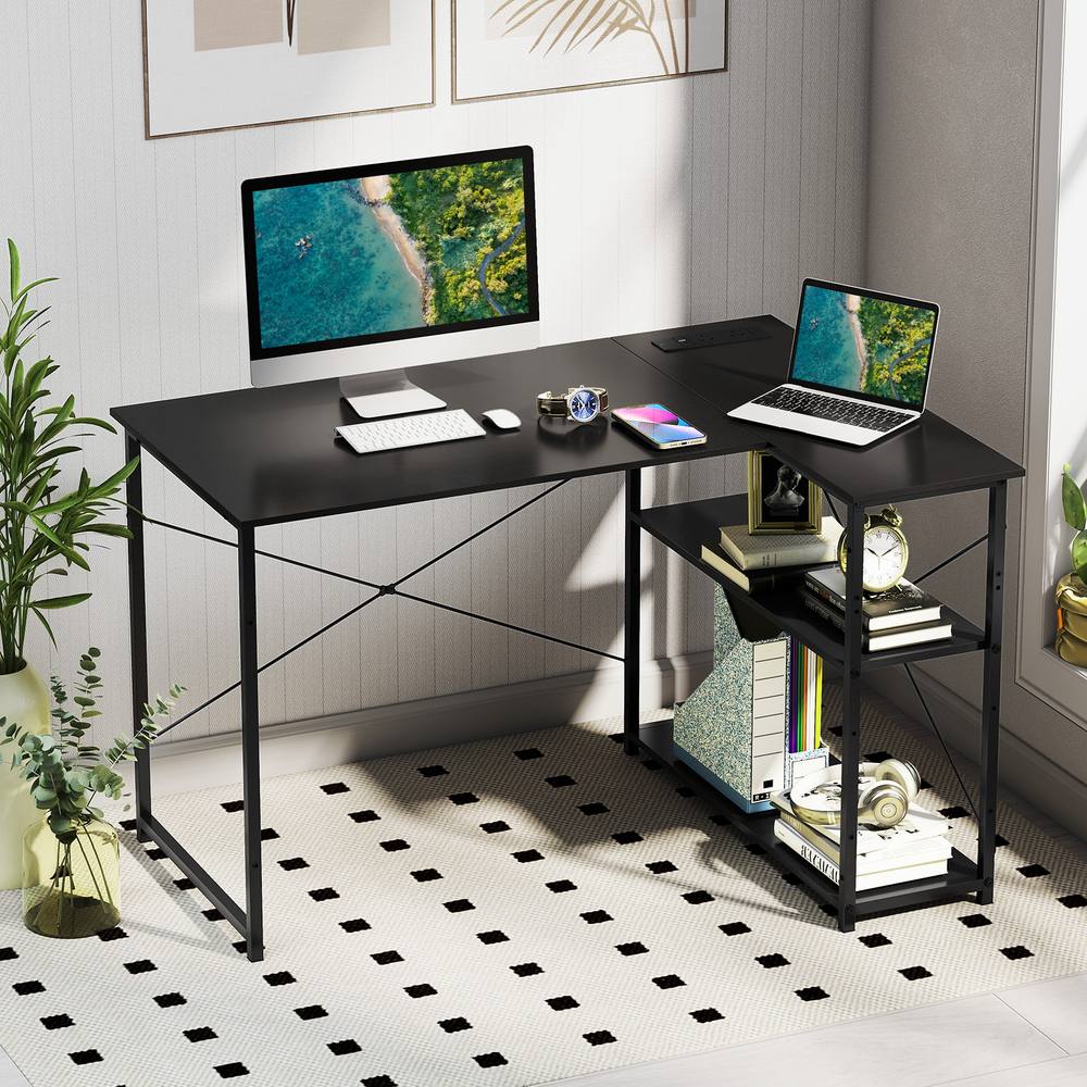 Costway L-shaped Computer Desk w/Power Outlet Workstation w/Reversible Shelves in Black