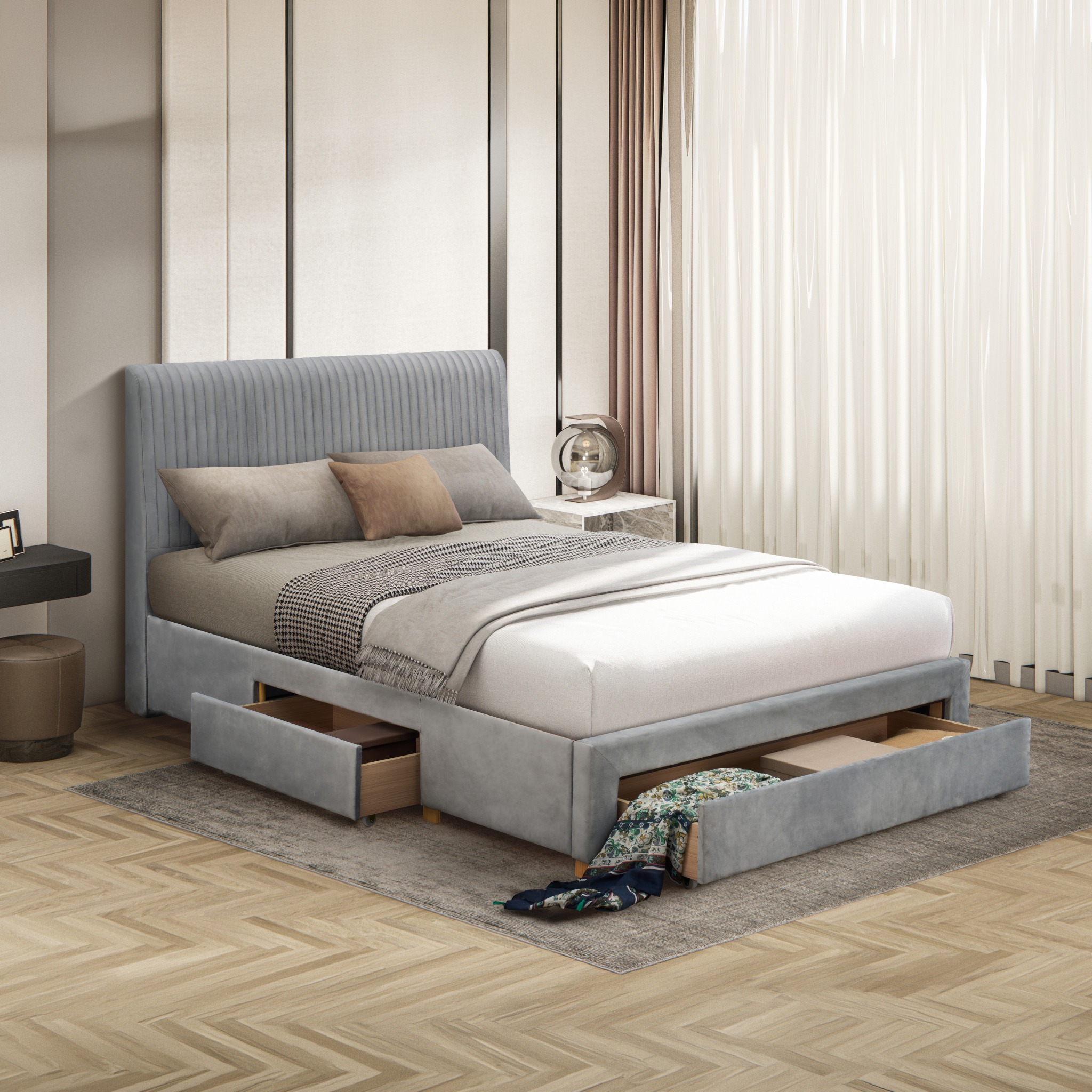 Drury - Double - 3 Drawer Storage Bed - Grey - Fabric - 4ft6 - Happy Beds