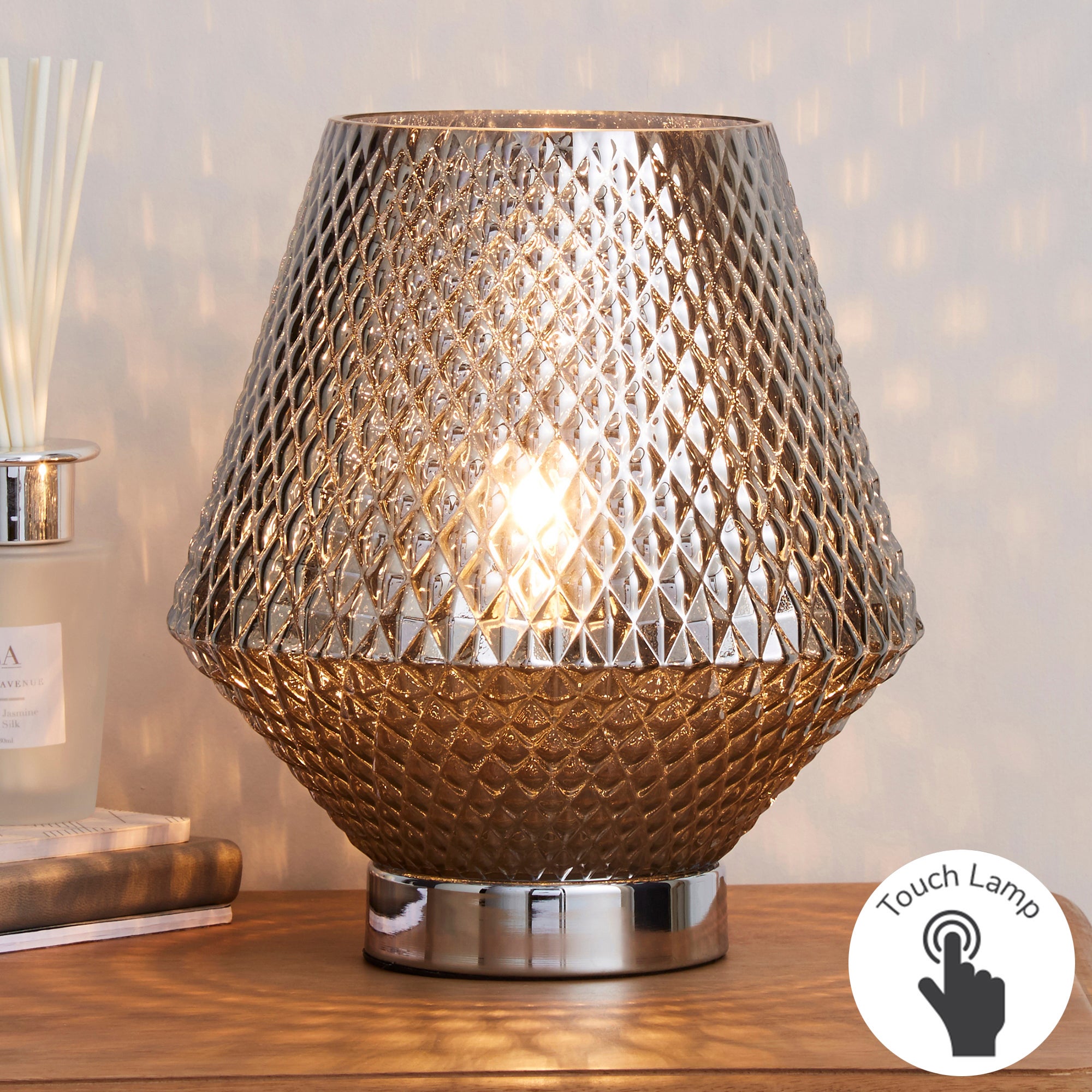 Miah Smoked Glass Touch Dimmable Table Lamp Silver