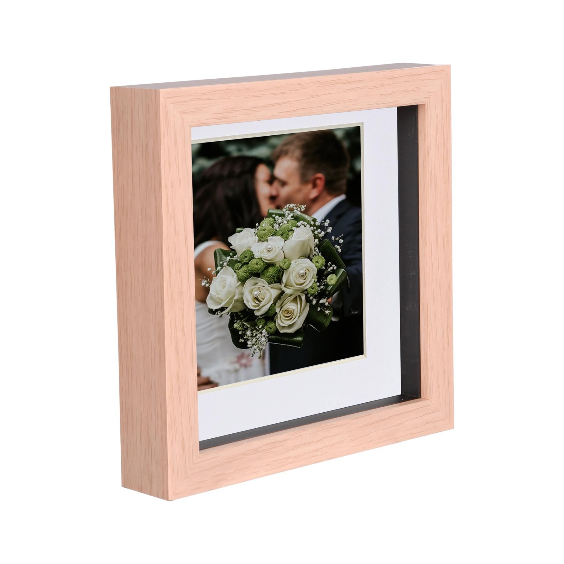 Nicola Spring 6" x 6" 3D Box Photo Frame - 4" x 4" Mount - Light Brown in White