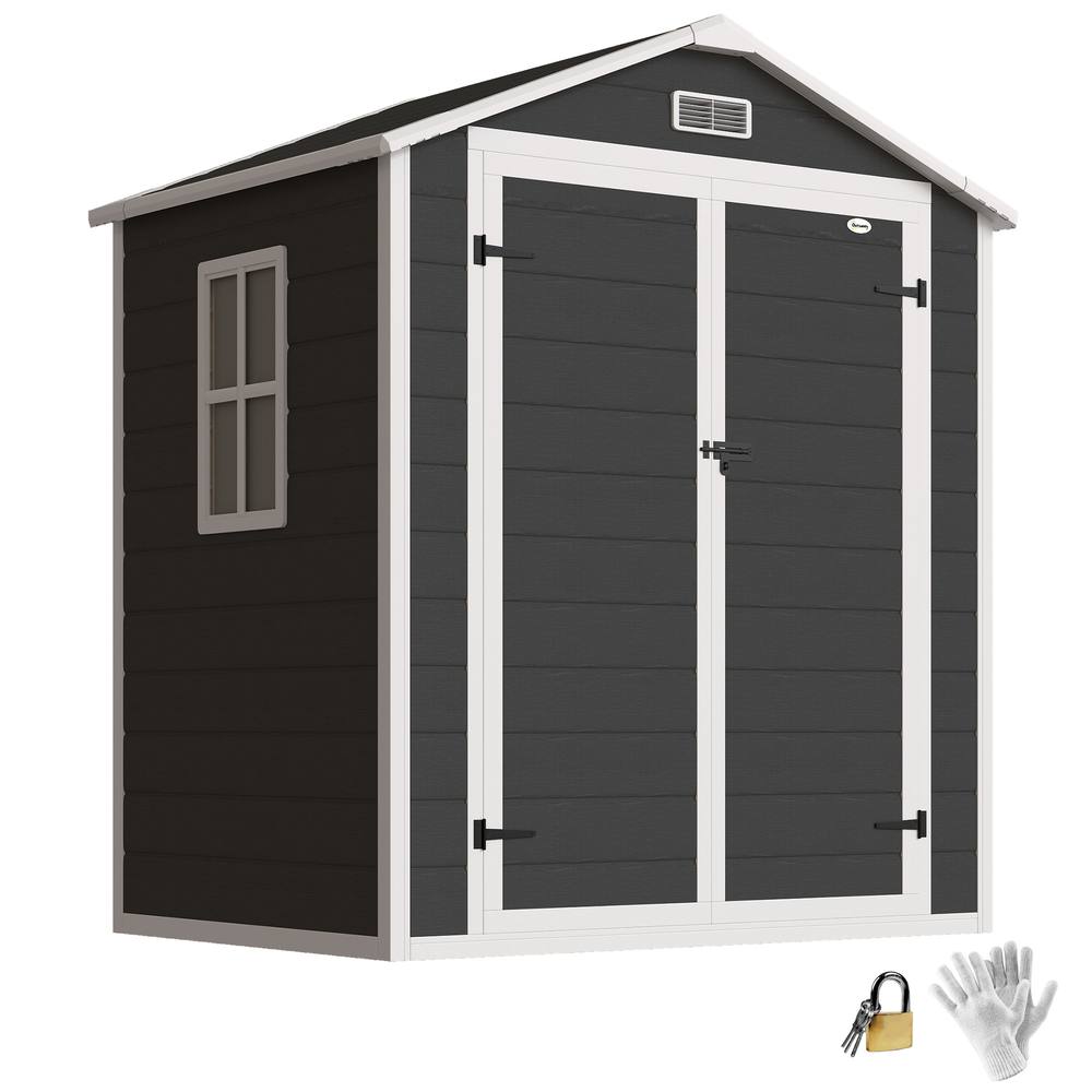 OUTSUNNY Garden Shed 6'x4.5' Plastic Tool Storage House Lockable Double Doors in Black 2