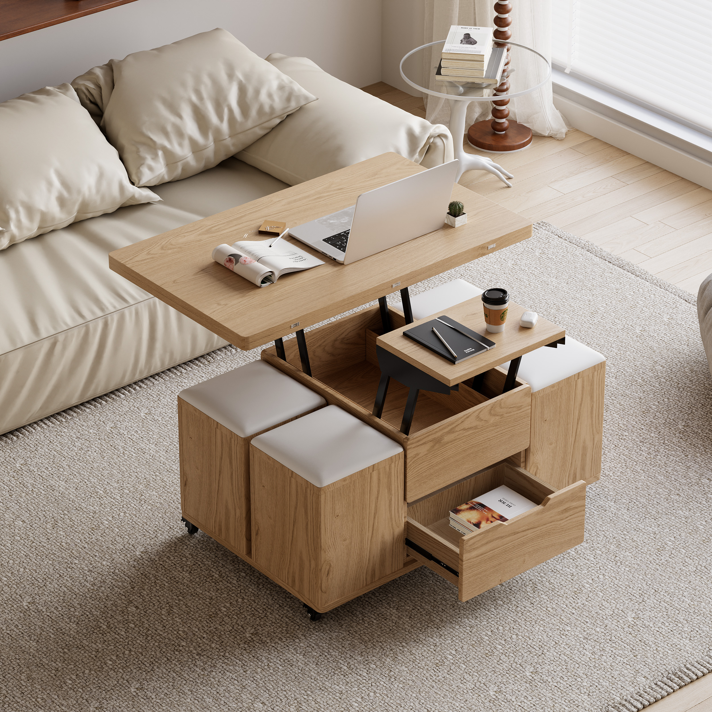 Modern Natural Lift Top Coffee Table 10 cm 1 with Storage Ottoman Foldable and Casters