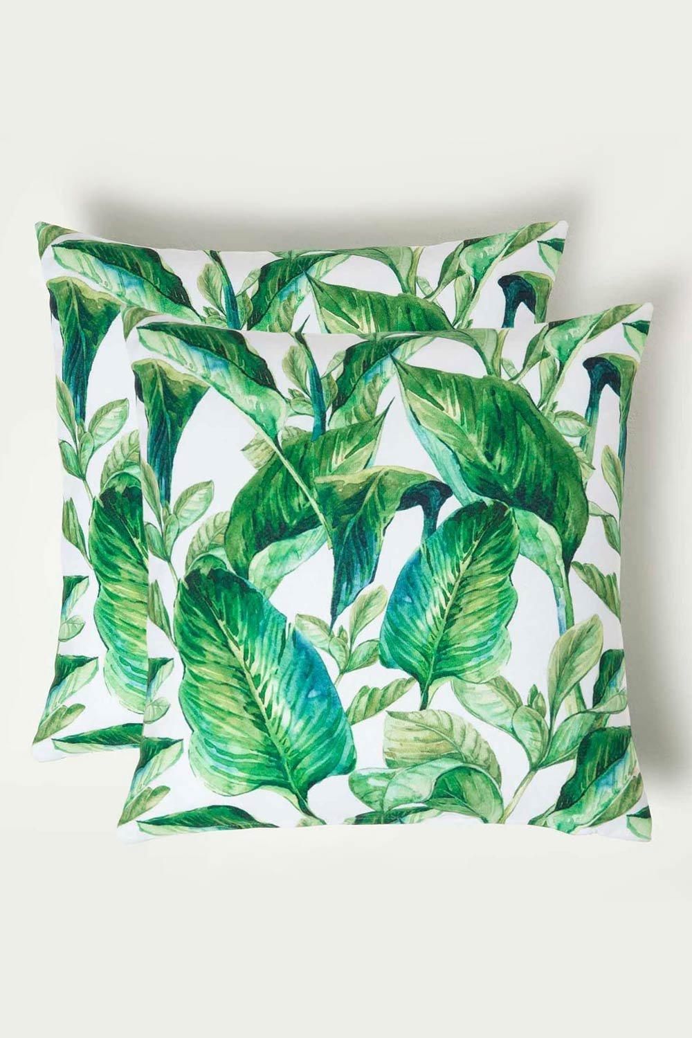 Homescapes Luxury Waterproof Banana Leaf Outdoor Cushion 45 x 45 cm, Set of 2 in Green