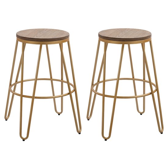 Ikon Gold Effect Hairpin Leg Bar Stool With Wooden Seat In Pair