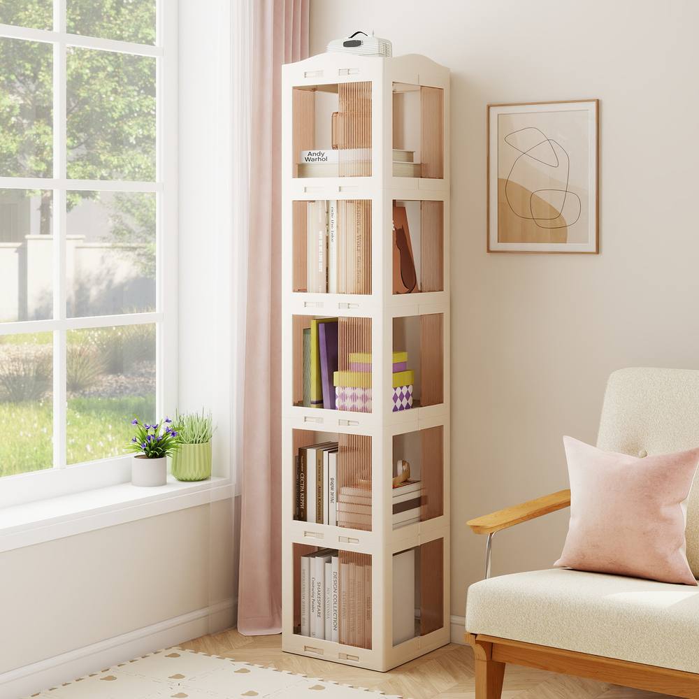 Costway Foldable Rotating Bookshelf 5-Tier Revolving Bookshelf Display Shelf in White