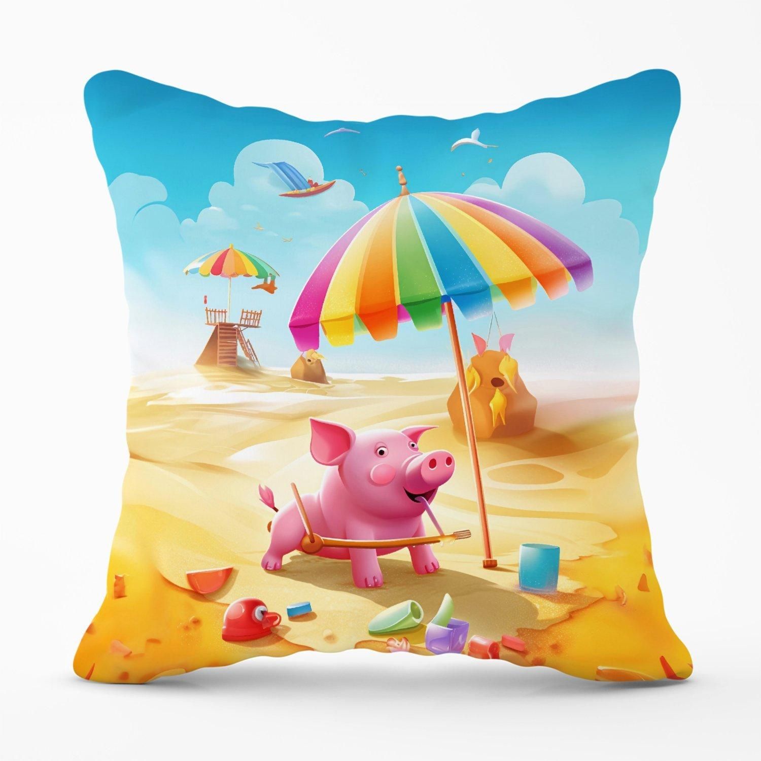 Warren Reed - Designer Pig On A Beach Holiday Outdoor Cushion in Yellow