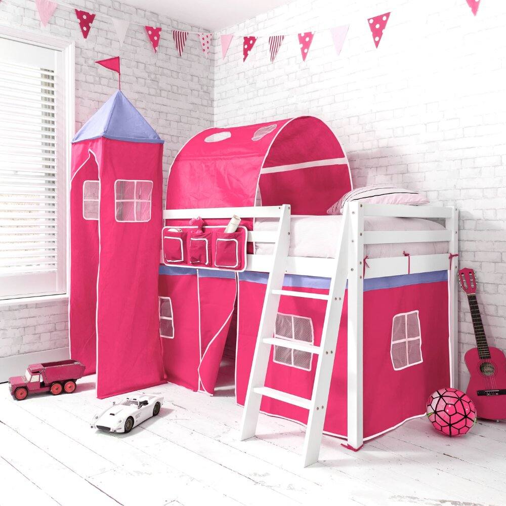 Nöa and Nani Moro Cabin Bed Midsleeper with Pink Tent, Tower & Tunnel in White