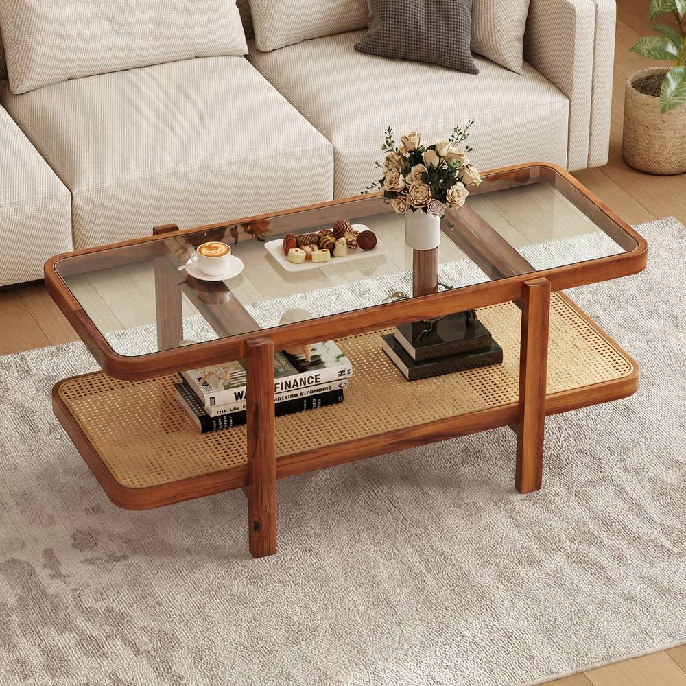 Costway 2-Tier Coffee Table w/ Storage Rectangular Center Table w/Glass Top in Brown