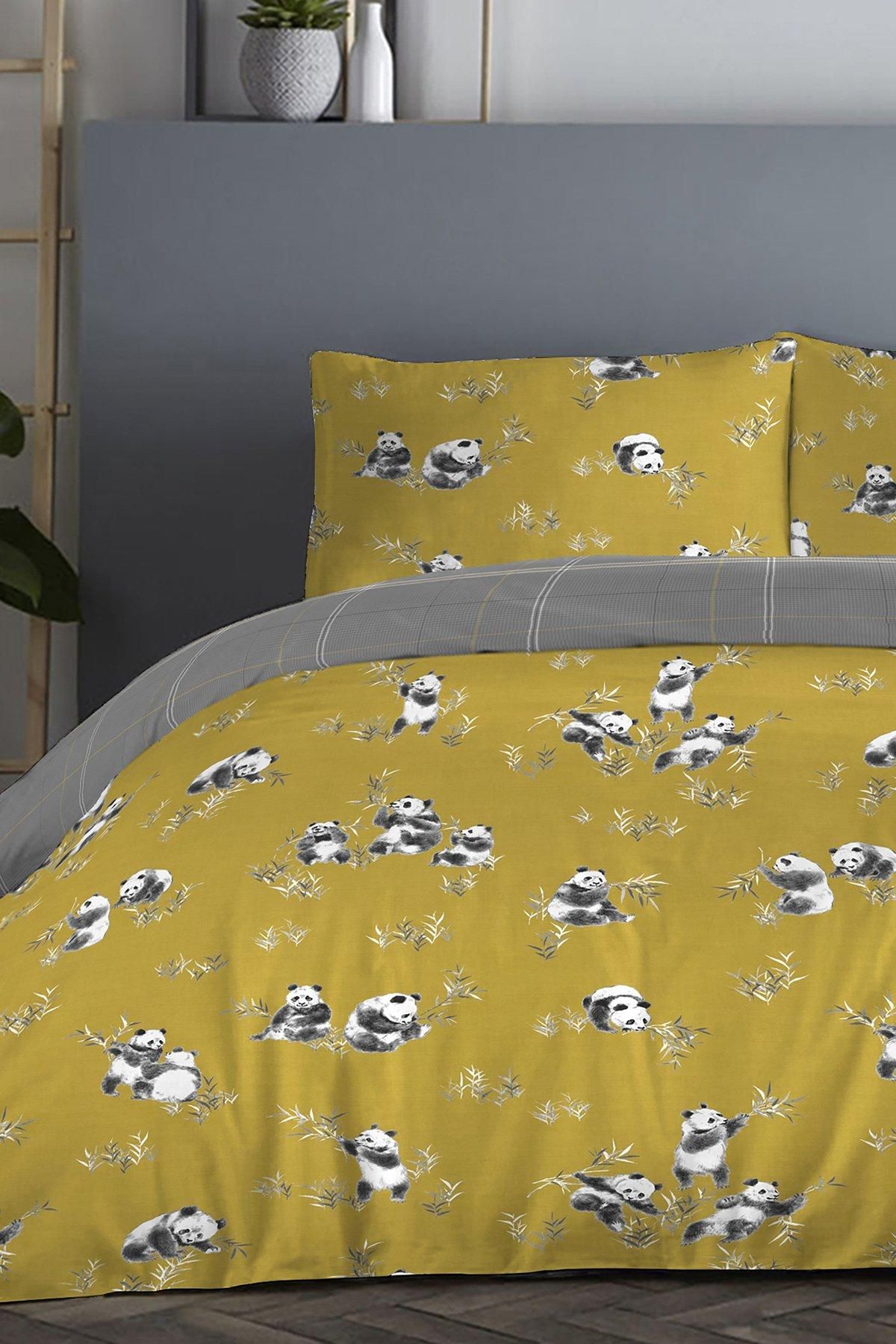 Fusion 'Panda' Playful Panda & Check Patterned Duvet Cover Set in Yellow