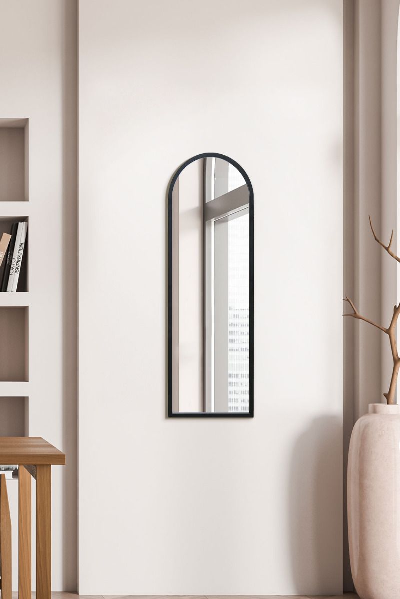MirrorOutlet Black Metal Framed Arched Wall Mirror 47" X 16" (120CM X 40CM)