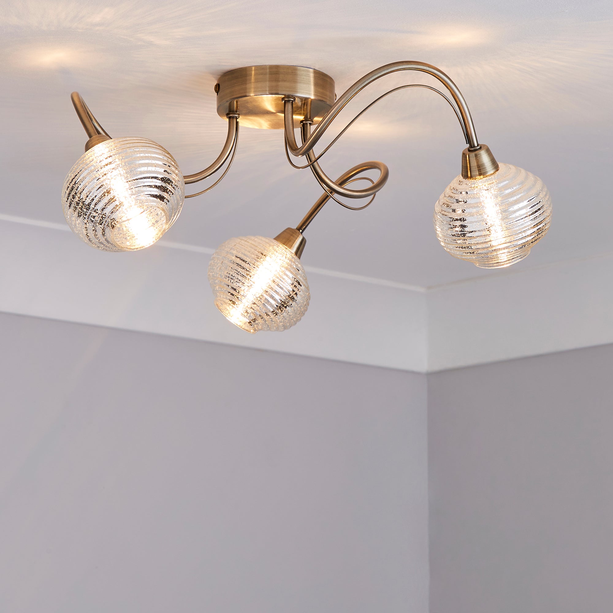 Temossi 3 Light Mercury Glass Semi-Flush Ceiling Fitting Champagne, Antique Brass