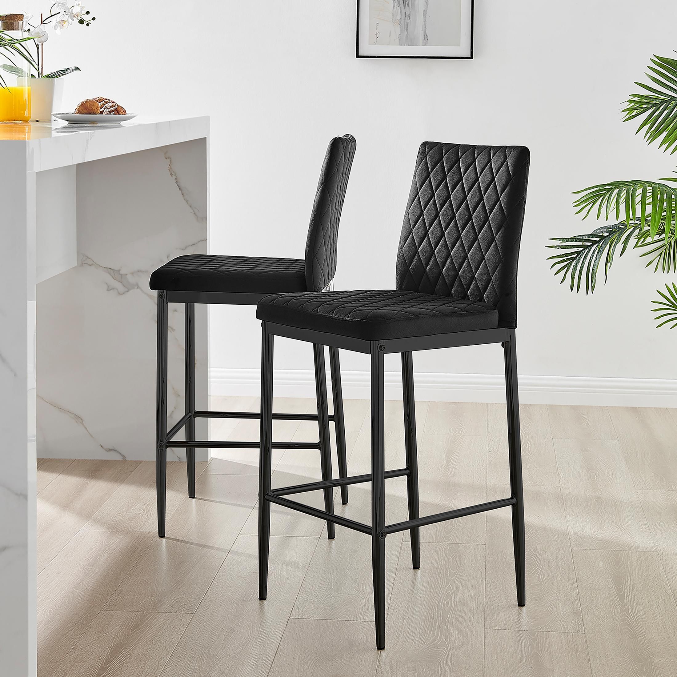 FurnitureboxUK Set of 2 Milan Soft Touch Hatched Velvet Padded Counter Stools With Black Metal Legs