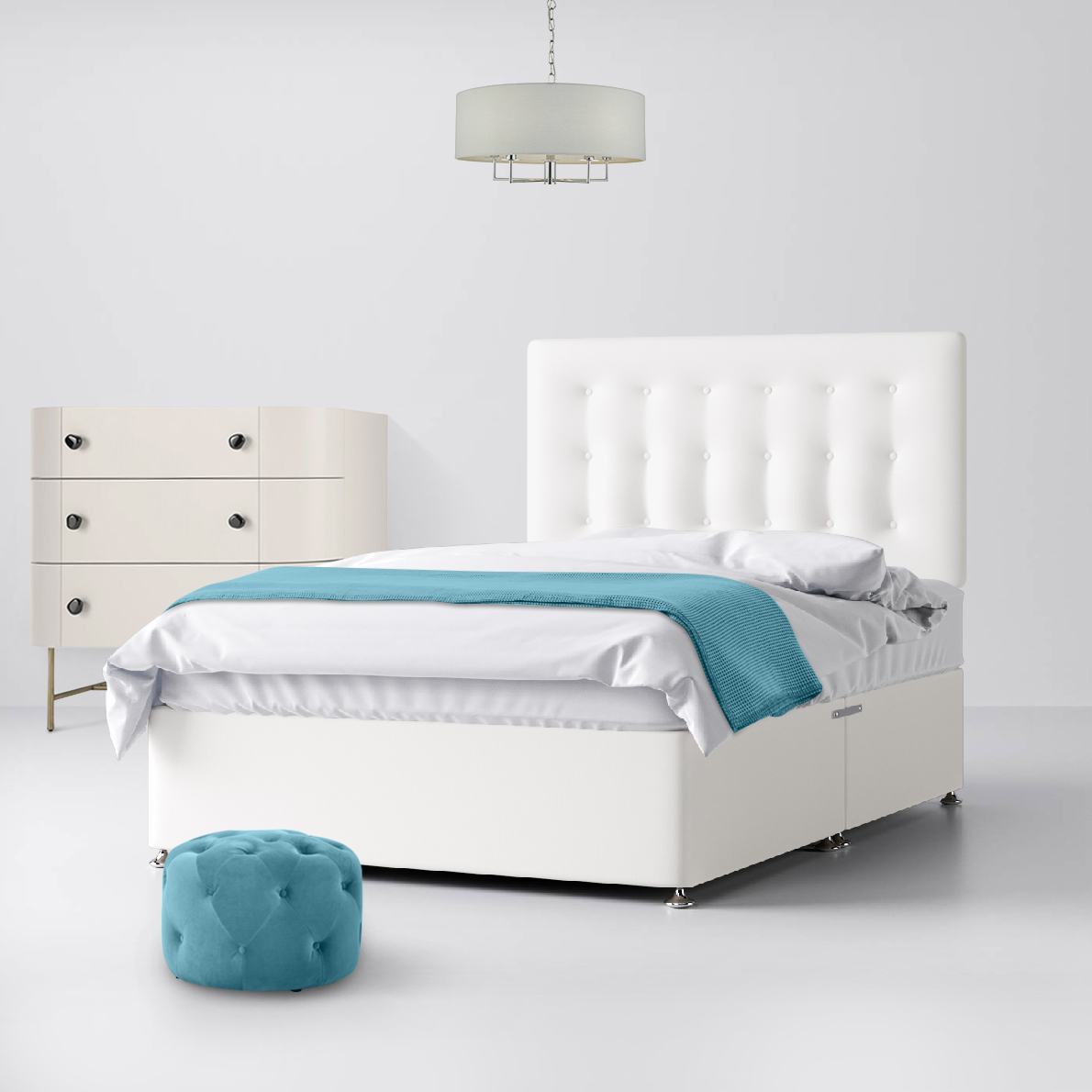 Cornell Buttoned White Fabric Ottoman Divan Bed - 4ft Small Double