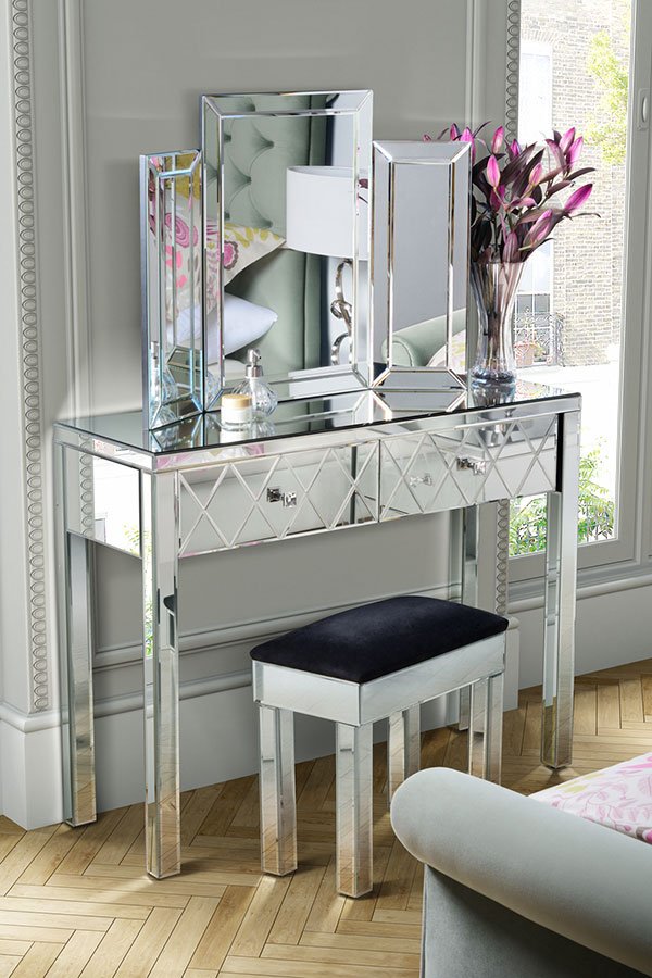KNIGHTSBRIDGE  Mirrored Dressing Table & COLLETA Triple Folding Mirror &  Stool