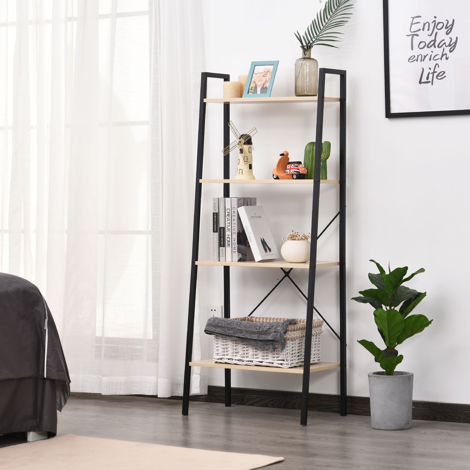 HOMCOM 4-Tier Minimalistic Ladder Shelf Unit Steel Frame Home Display Storage in Beige