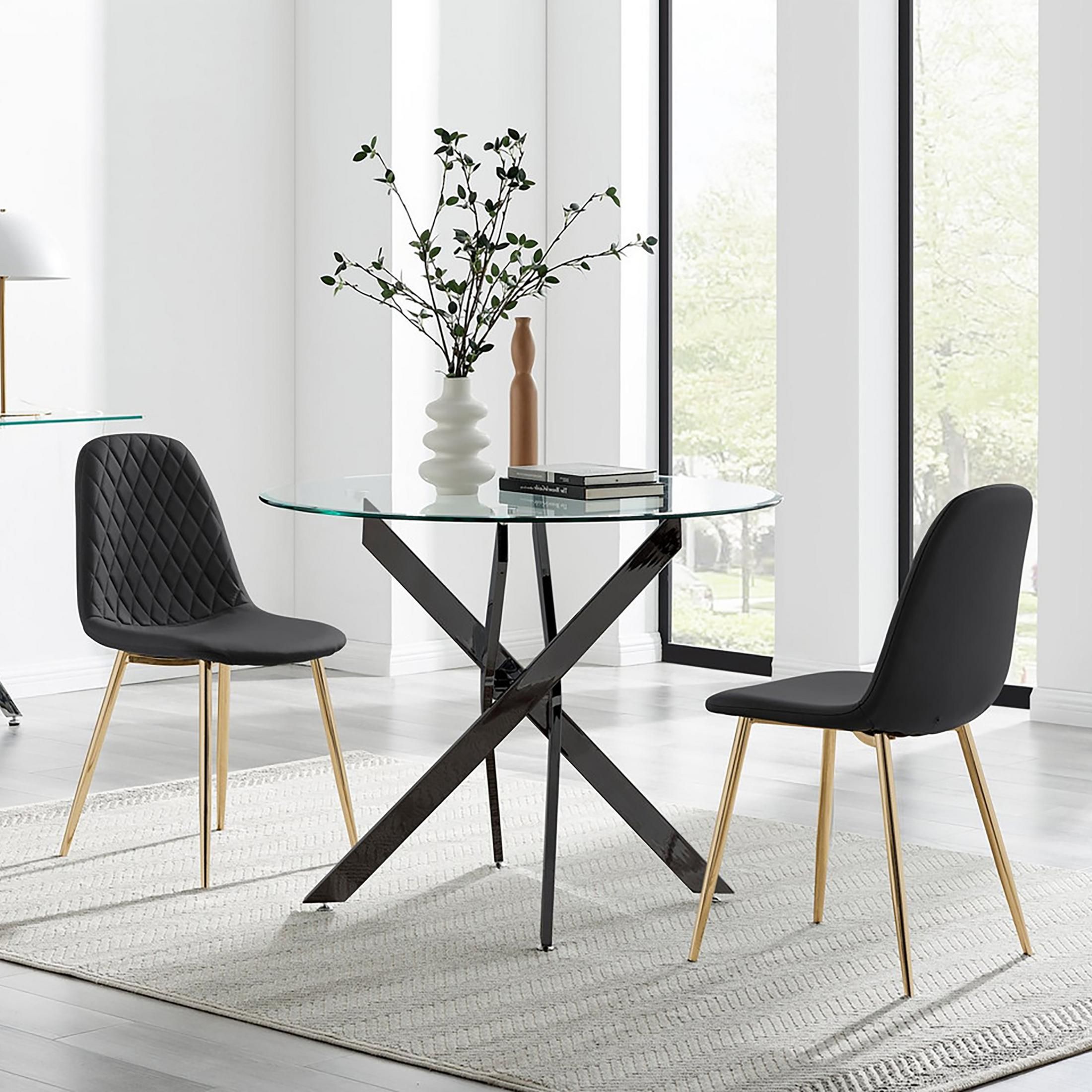 FurnitureboxUK Novara 100cm Round Black Leg Dining Table & 2 Corona Gold Chairs