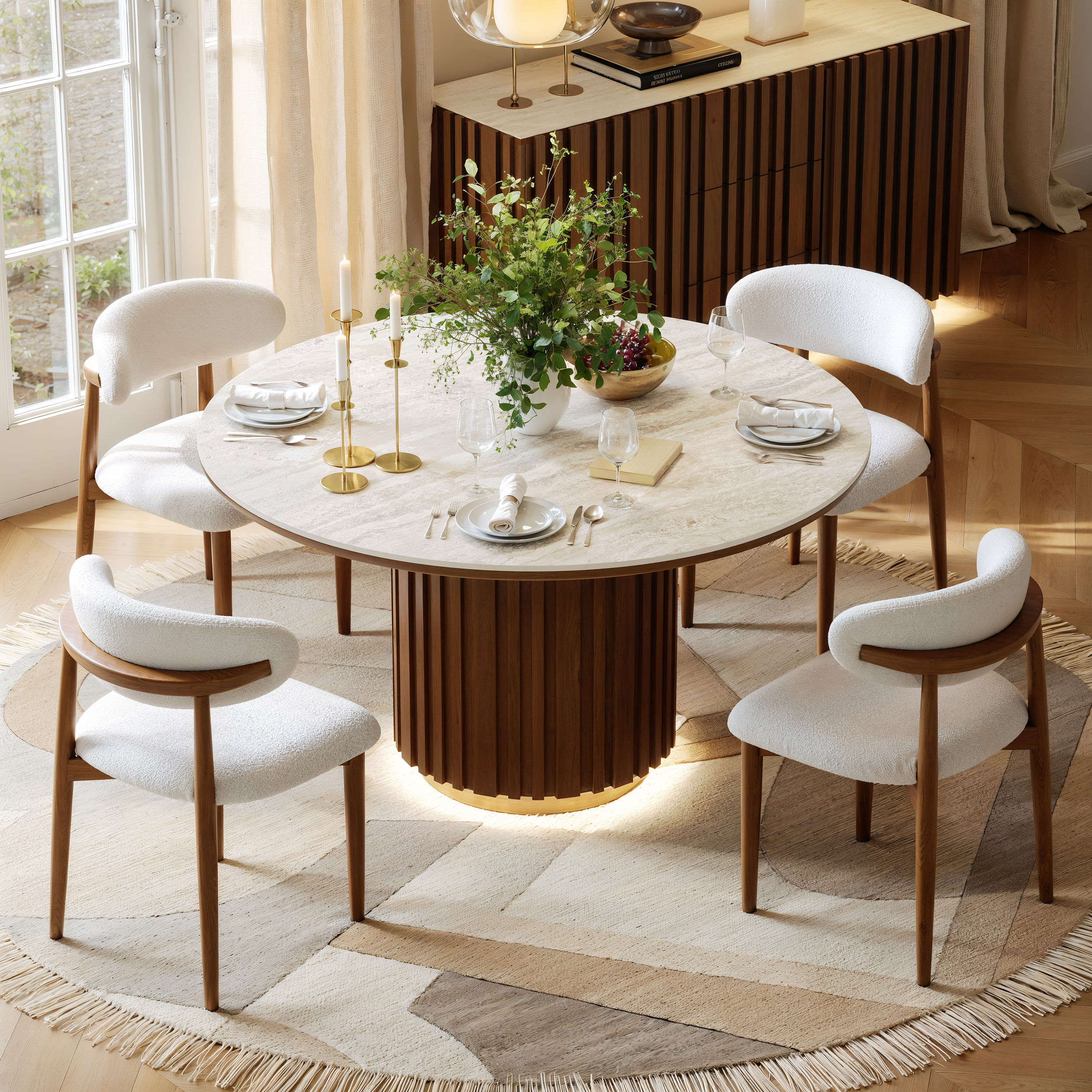 Dining Set 120 cm Round Faux Travertine Sintered Stone Dining Table with 4 Chairs