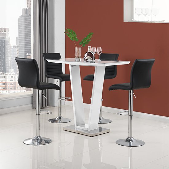 Ilko High Gloss Bar Table In White With 4 Black Ripple Stools