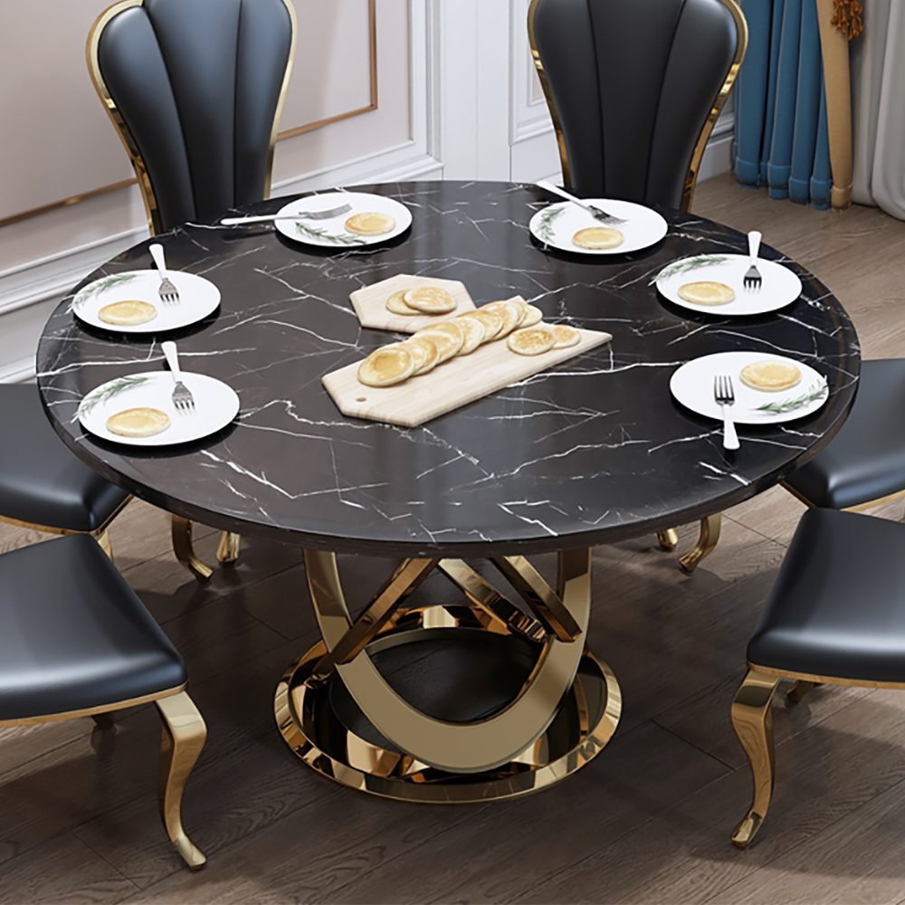 51" Modern Black & Gold Round Marble Dining Table with Stainless Steel Pedestal