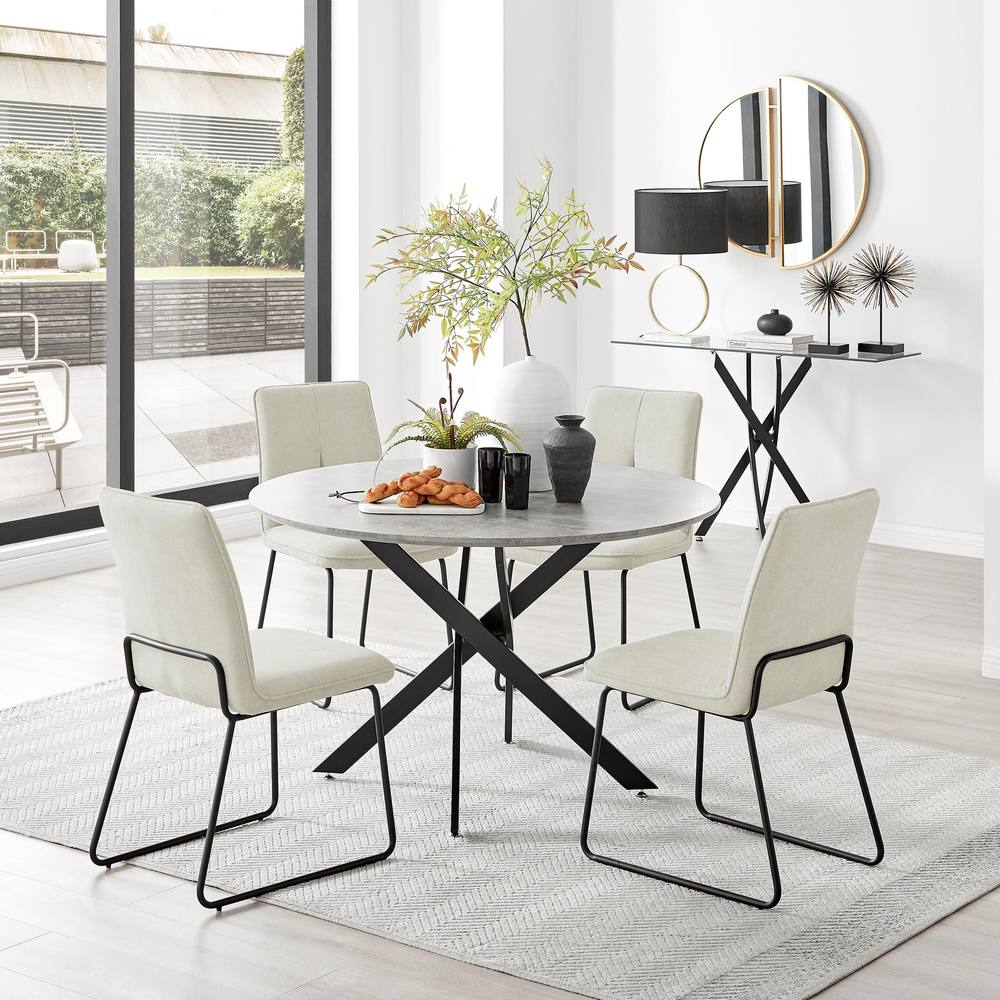 FurnitureboxUK Novara Grey Concrete Effect Black Leg 120cm Round Dining Table & 4 Halley Chairs in Cream