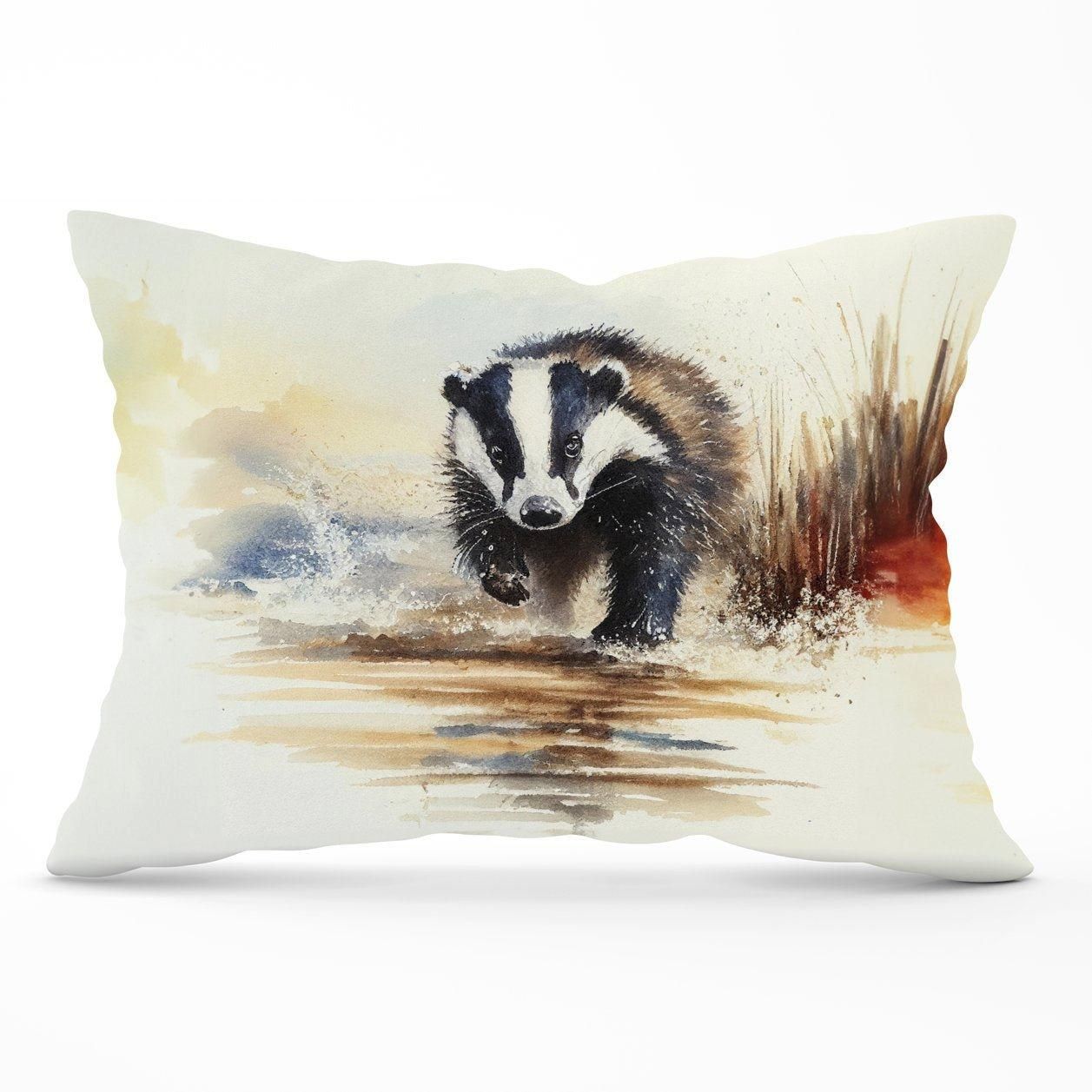 Warren Reed - Designer Wading Badger Watercolour Cushions in Brown