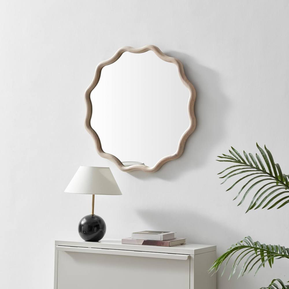 FurnitureboxUK Damaris Wood Medium 70x70cm Wavy Round Wall Mirror in Brown