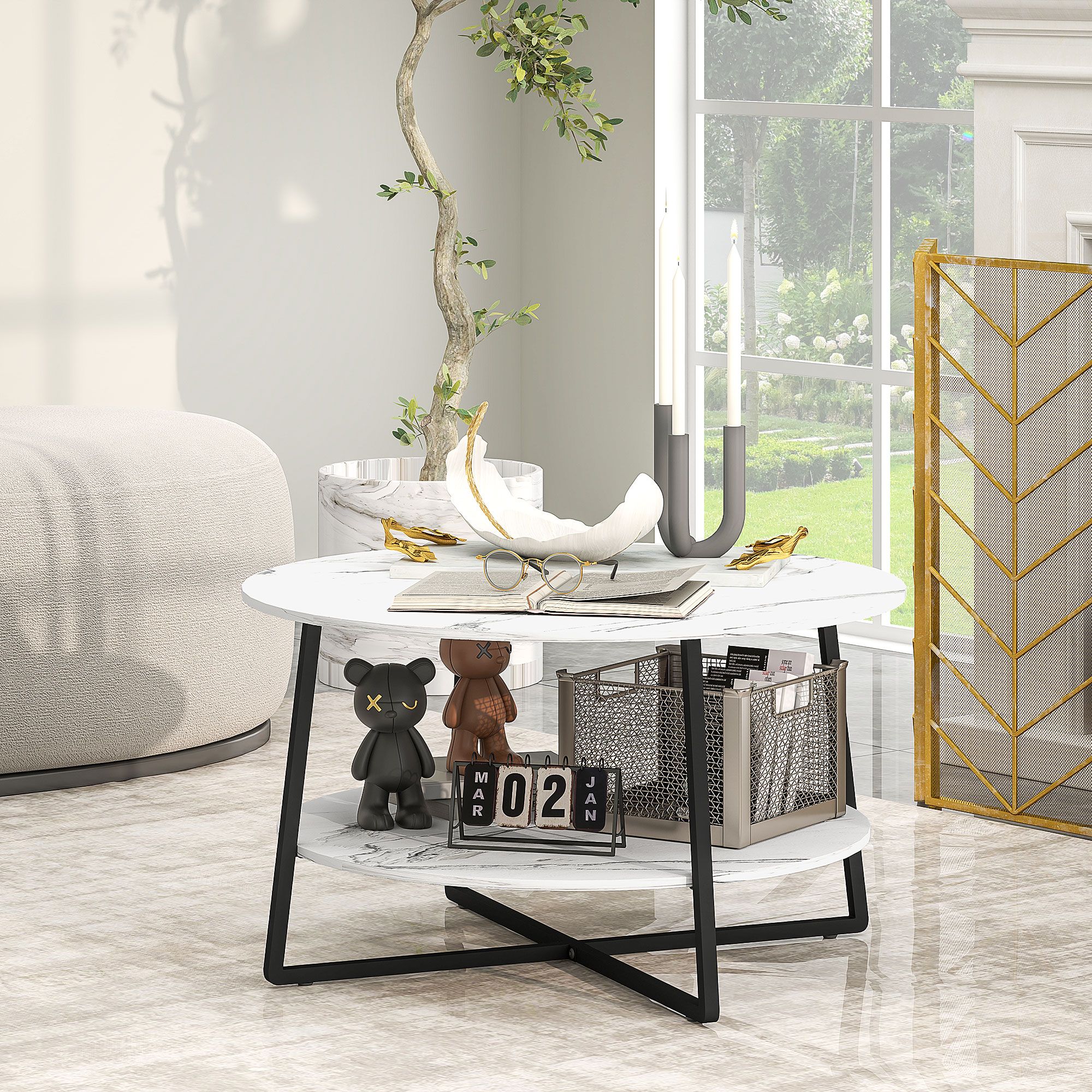 HOMCOM Round Coffee Table with Storage Shelf & Marble Effect Top, White
