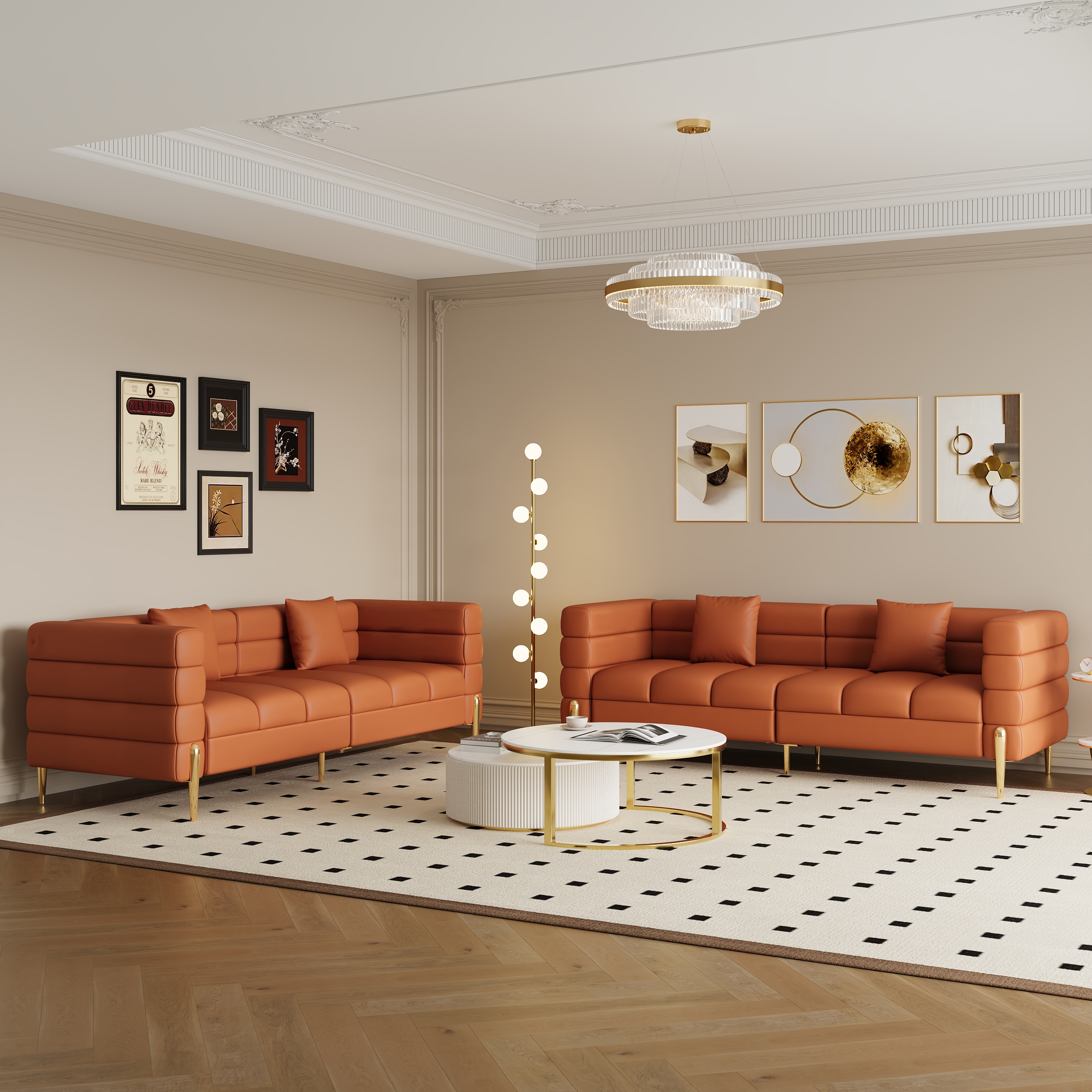 200 cm Modern Performance Leather Upholstered Fluted 3 Seater Sofa for Living Room with Pillow Set of 2