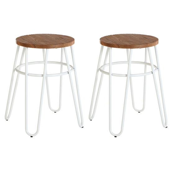 Pherkad Wooden Hairpin Stools With White Metal Legs In Pair