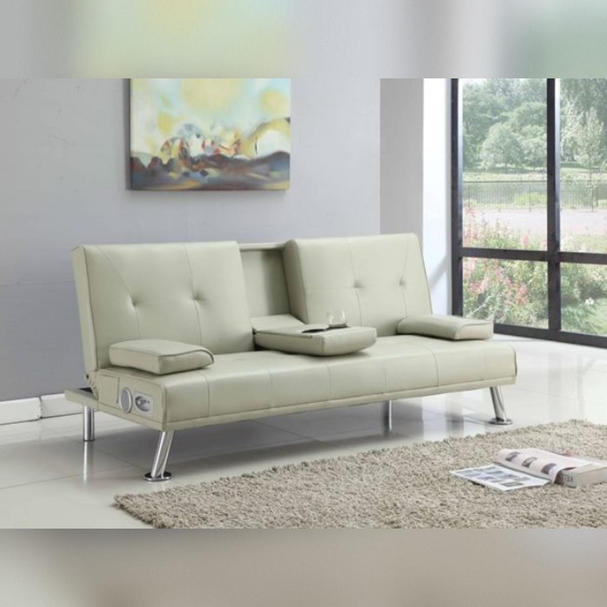 Comfy Living Ltd Faux Leather Italian Style Luxury Sofa Bed with Bluetooth & Drink Cup Holder in Cream