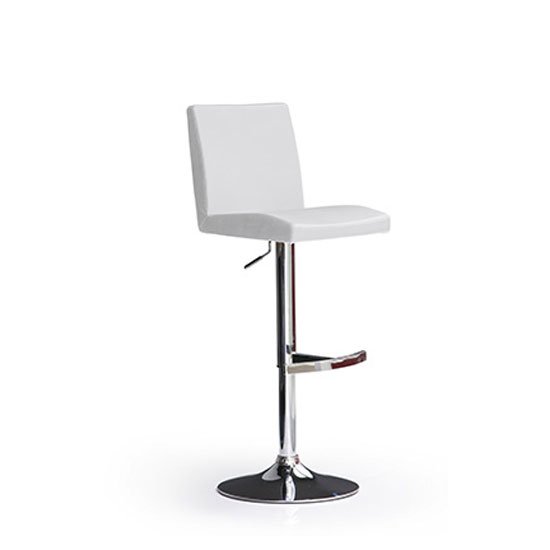 Lopes White Bar Stool In Faux Leather With Round Chrome Base