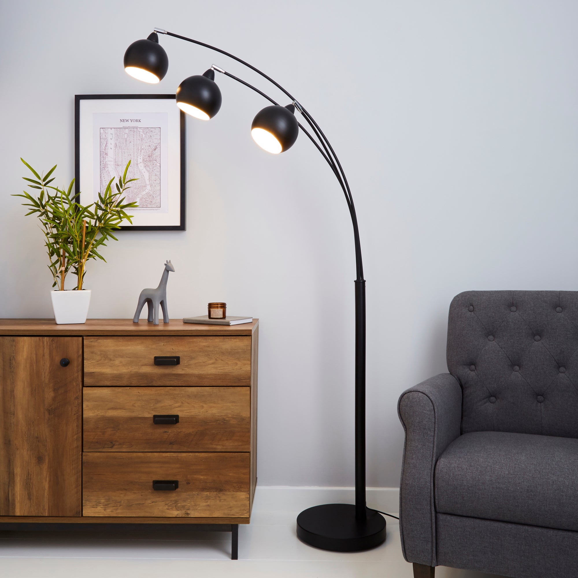 Herm 3 Arm Arc Black Floor Lamp Black