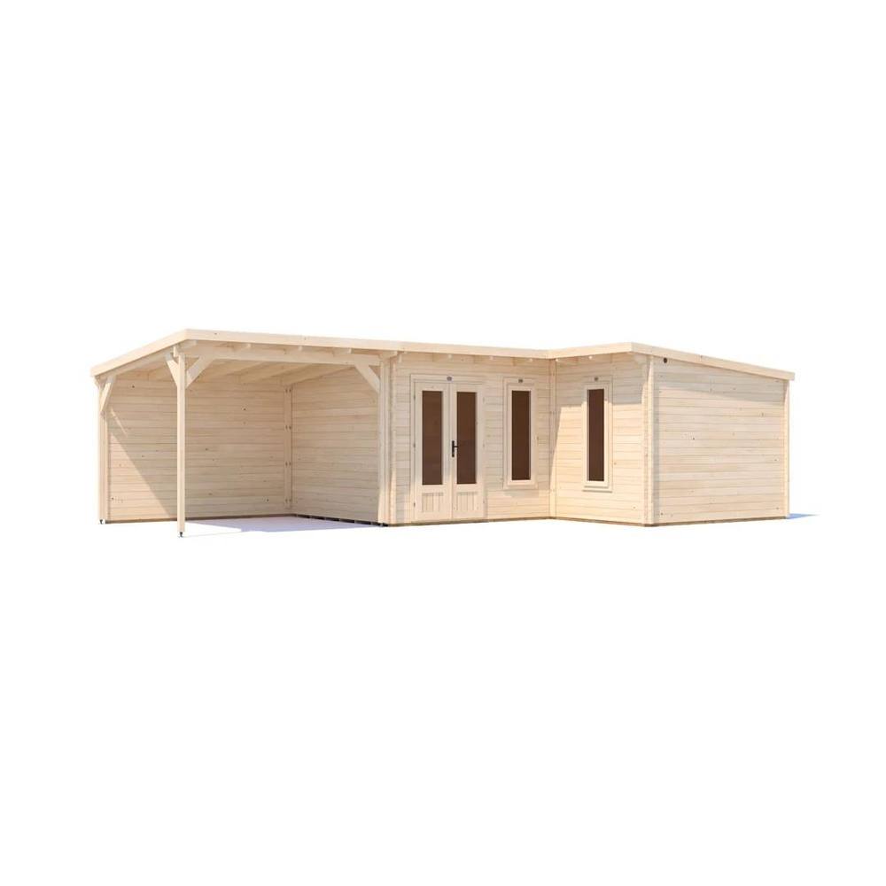 Dunster House L-Shaped Log Cabin W9m x D5m / 29' x 16'6" Pent, 24mm, DG - HellWolf in Brown