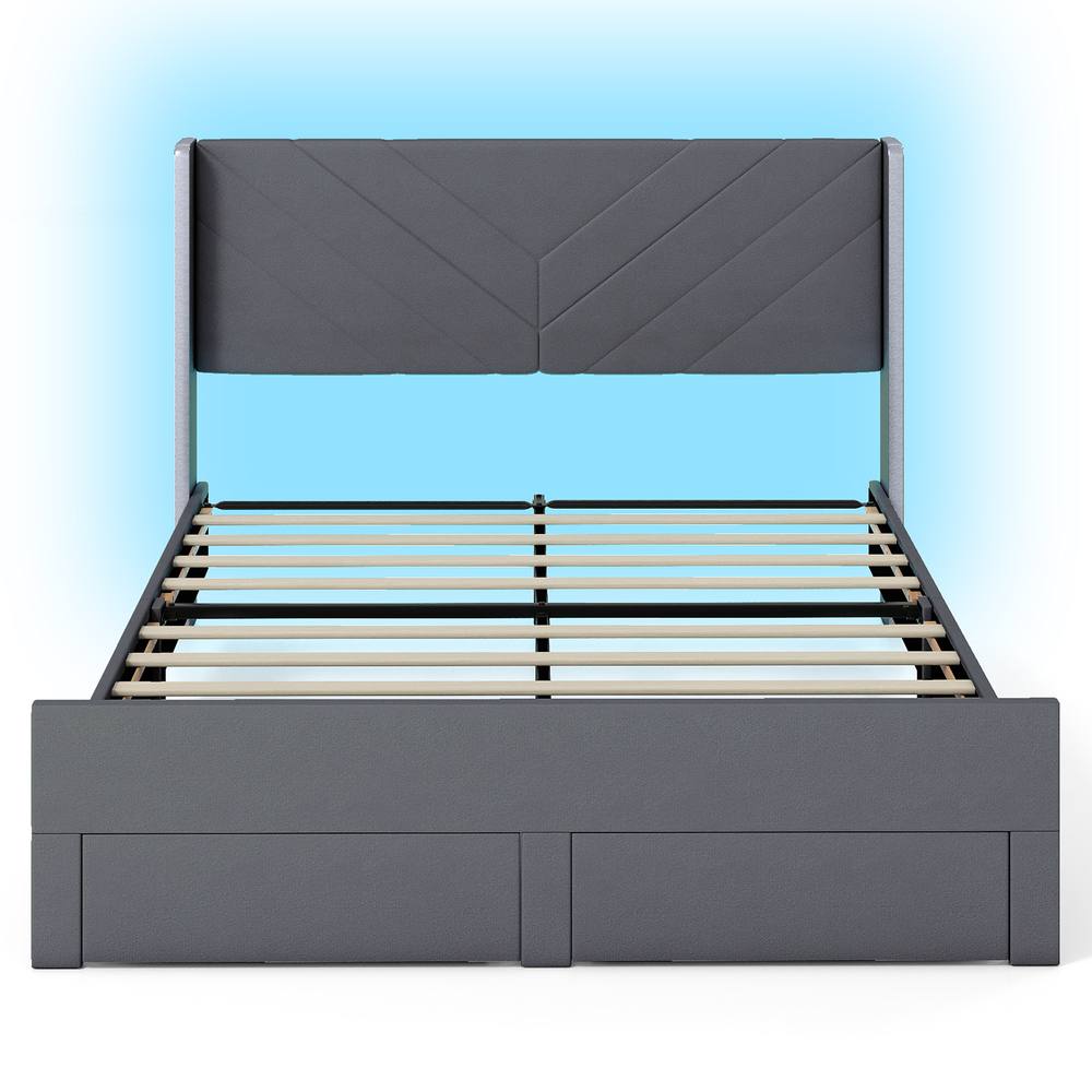 Costway King Size Bed Frame w/LED Lights Dutch Velvet Upholstered Platform Bed in Grey