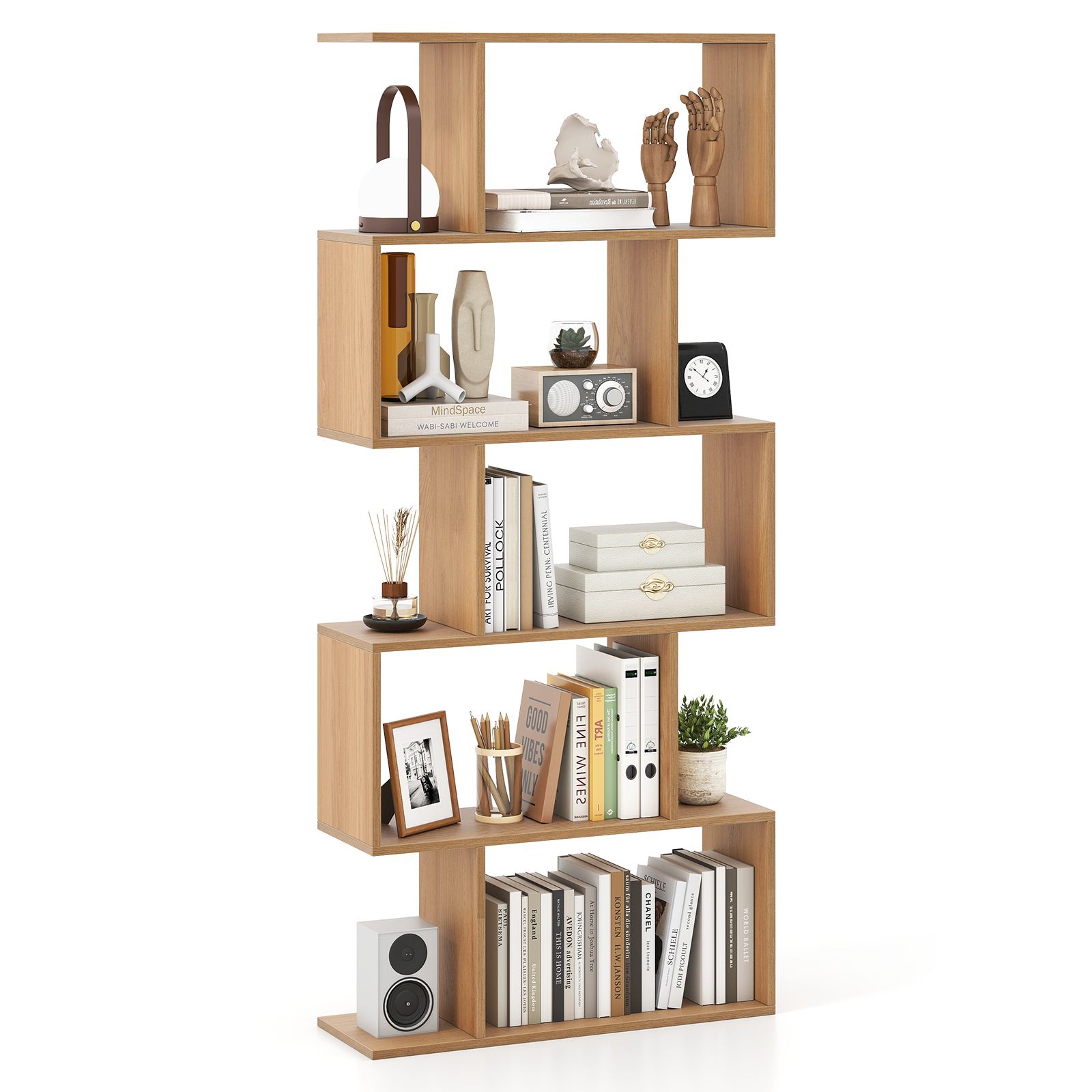 Costway 5-Tier Bookshelf Geometric S-Shaped Bookcase in Natural