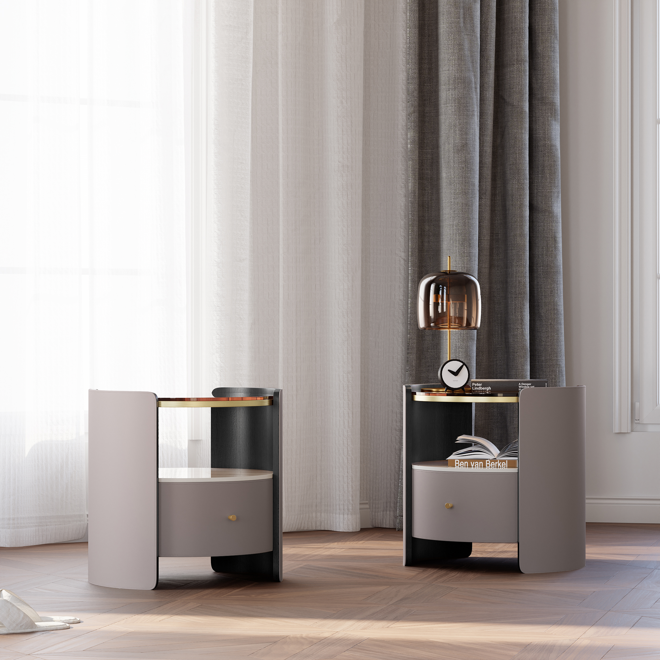 Modern Round Grey Leather Nightstand with Glass Top & Sintered Stone Bedside Set of 2