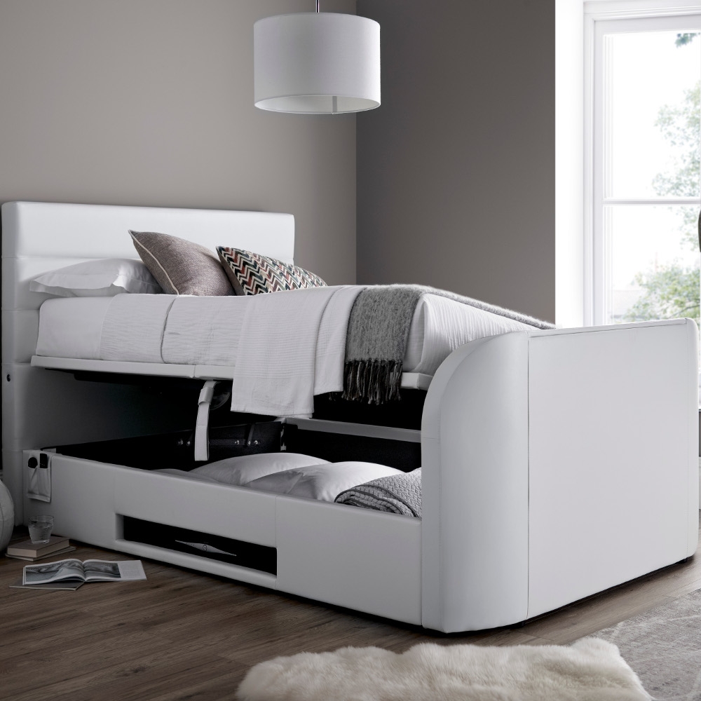 Annecy White Leather Ottoman Media Electric TV Bed Frame - 4ft6 Double