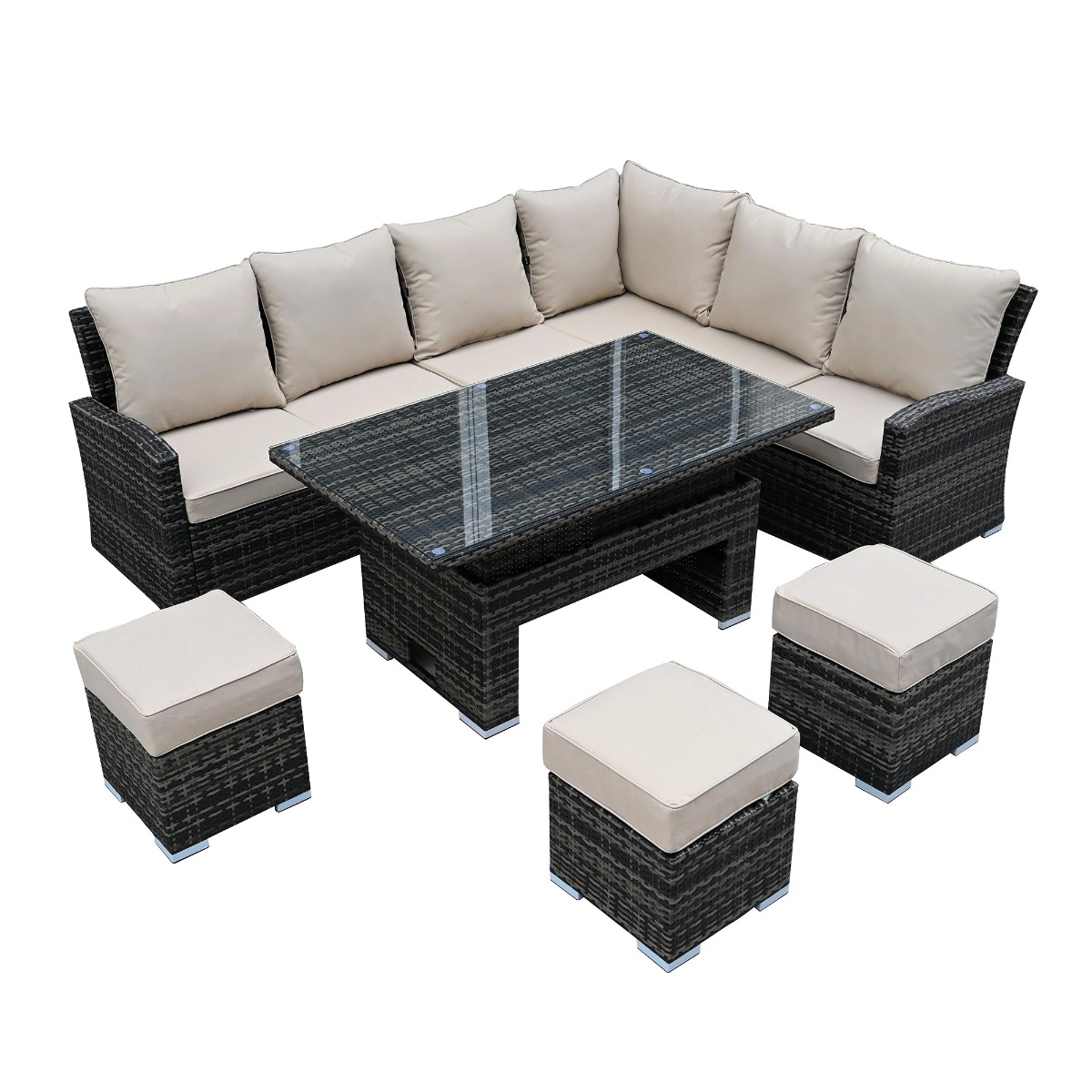 Amble Corner Garden Dining Set with Rising Table in Brown Weave and Beige Fabric