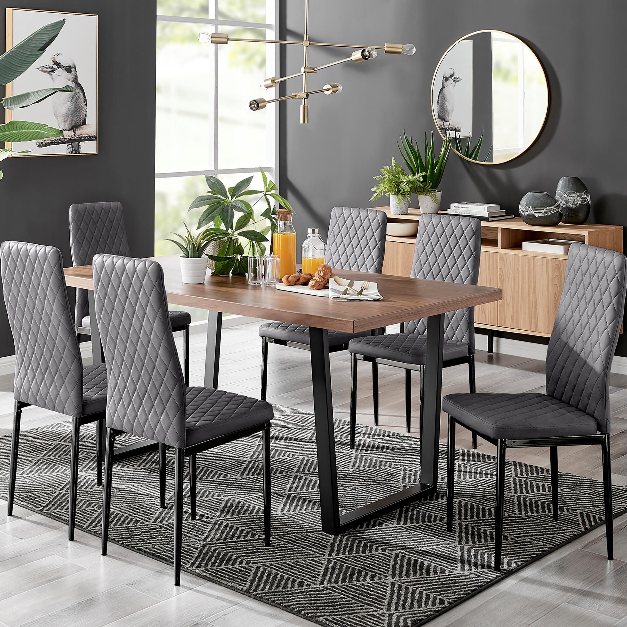 FurnitureboxUK Kylo Large Brown Wood Effect Dining Table & 6 Velvet Milan Black Leg Chairs in Grey