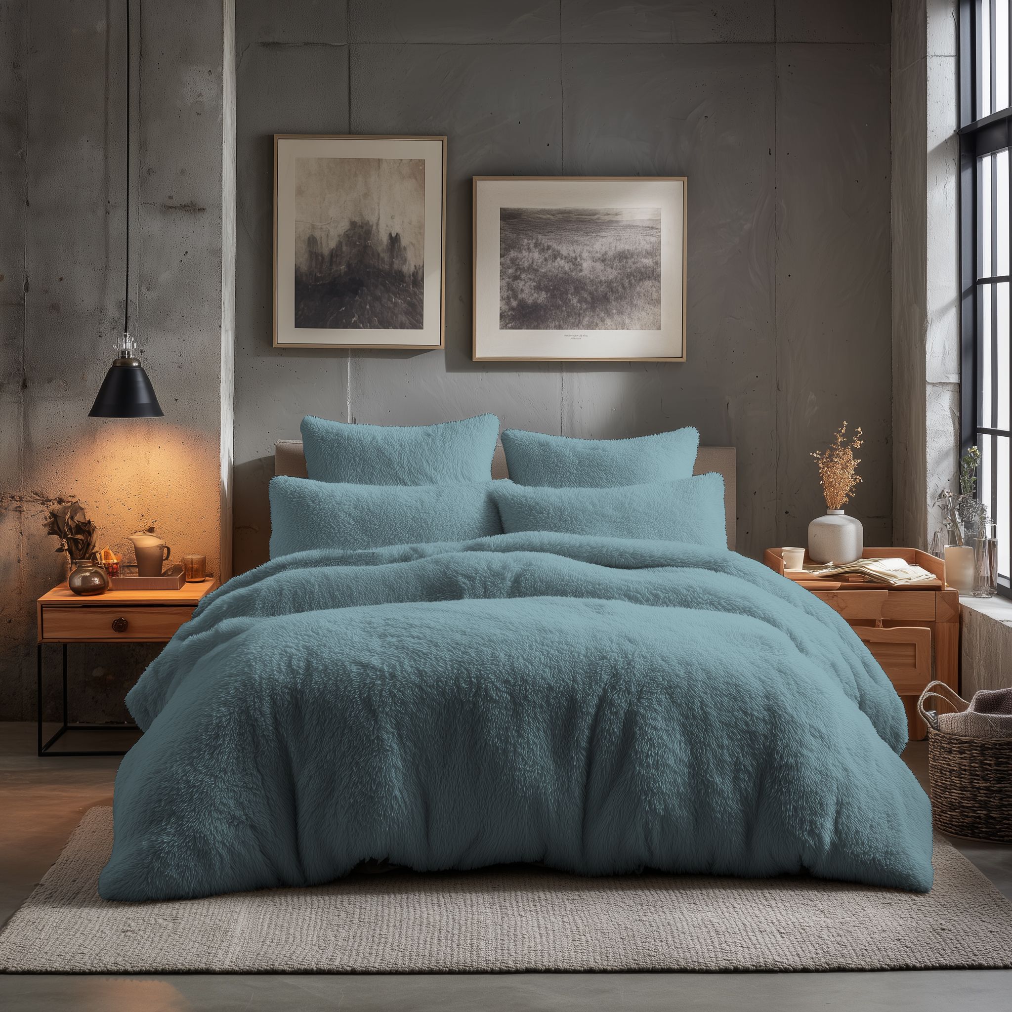 Snug City Teddy Bear Fleece Soft Cosy Duvet Cover + Pillow Case Set in Blue