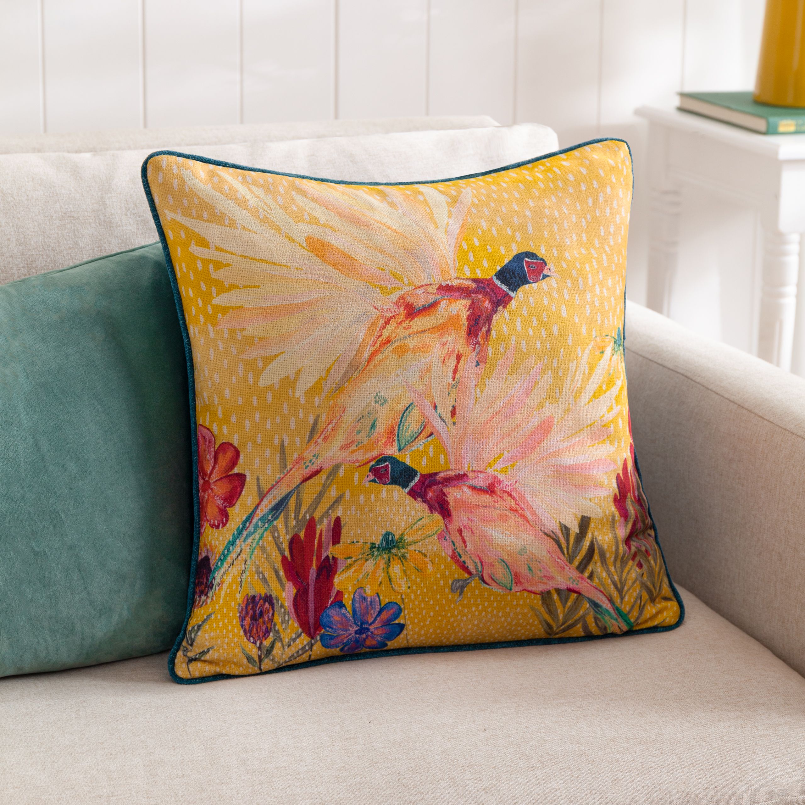 Wylder Country Wilds Pheasant Bloom Printed Cushion in Gold