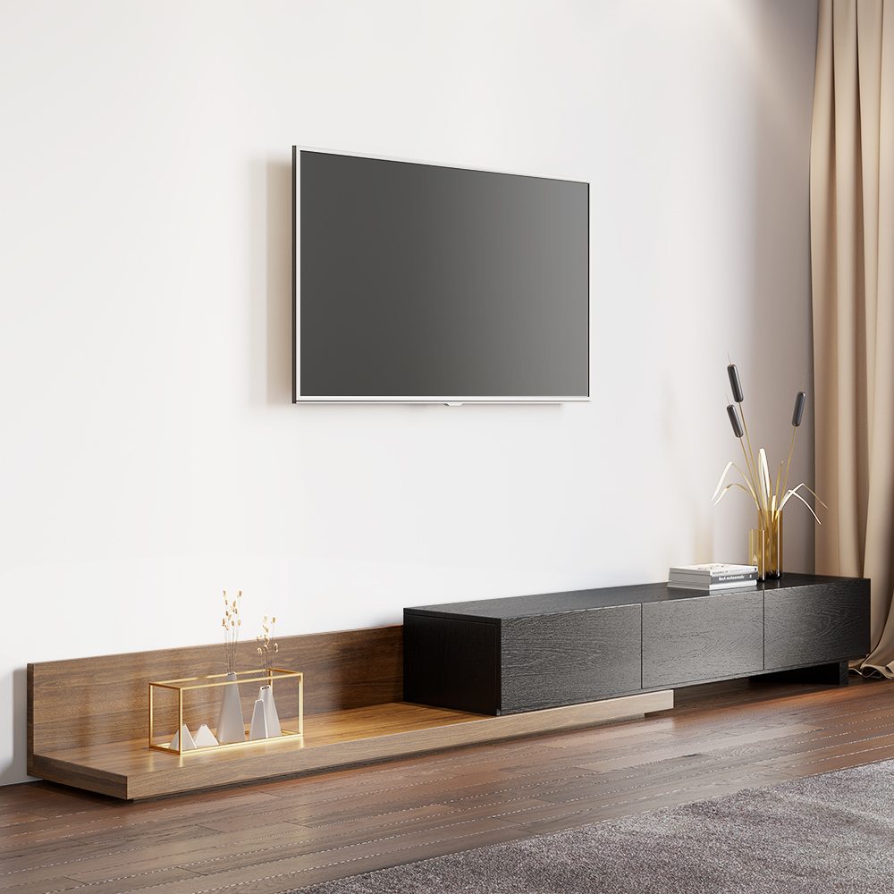 Rectangular Wood Extendable TV Stand Black and Walnut Floor Media Console with 3 Drawers